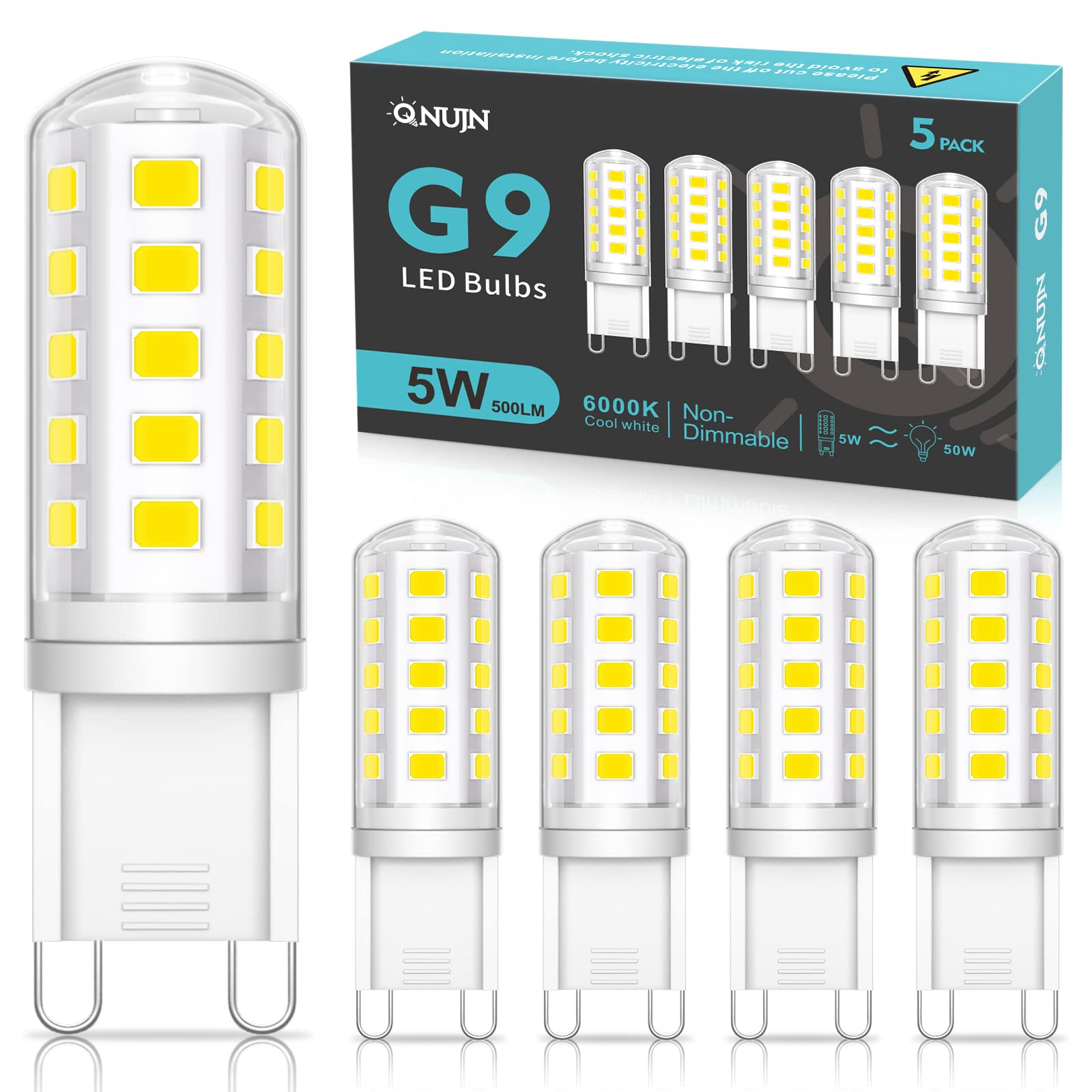 QNUJN G9 Led Bulbs Cool White, 5W, 500LM, 6000K, Equivalent to 50W Halogen, Non-Dimmable Energy Saving Light Bulb for Home Lighting Decor, Chandelier, Wall Light, Crystal Lamp-5 Packs — image 1