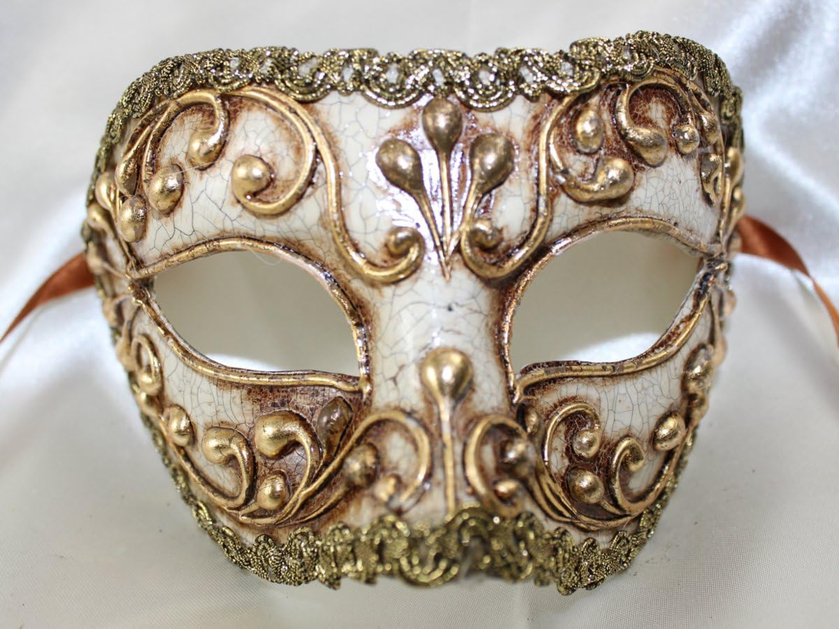 Mens Gold White Half Face Unique Traditional Venetian Masquerade Mask with Vintage Cream Paintwork