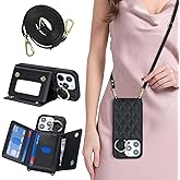 DEYHU for iPhone 14 Pro Case with Card Holder and Strap for Women,Crossbody Lanyard, Make Up Mirror,Ring Stand,Snap Clasp,Cute Phone Wallet Cases 6.1 inch - Black