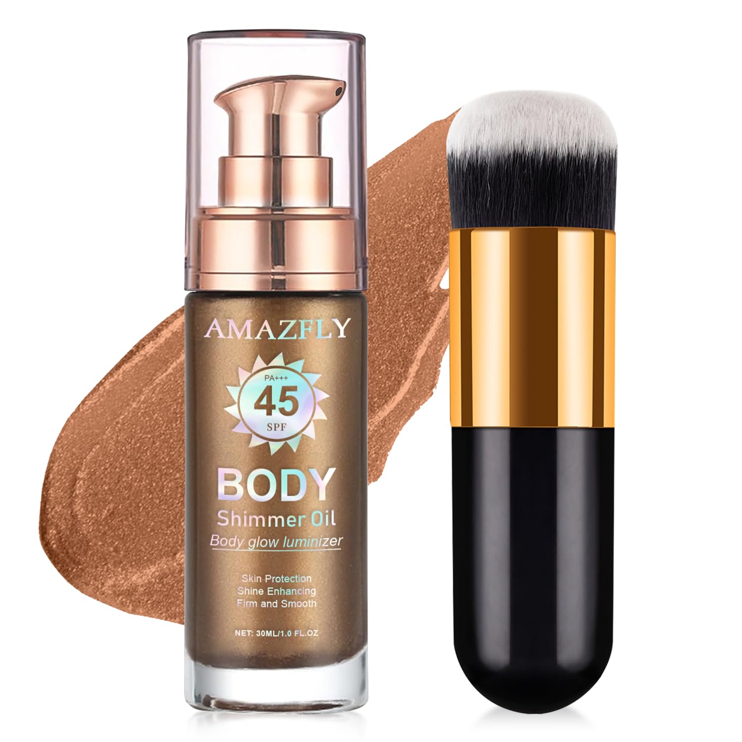 Photo 1 of Shimmer Body Oil, SPF 45 Broad Spectrum, Sunscreen Face and Liquid Luminizer Waterproof Moisturizing, Light Shimmer Glow Illuminator, Smooth Body Highlighter Makeup (#03 Glistening Bronze)