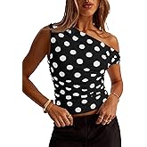KIGRAD Women Y2k Vintage Polka Dot Asymmetrical Off Shoulder Ruched Crop Tank Tops Slim Fitted Sleeveless Cute Shirts