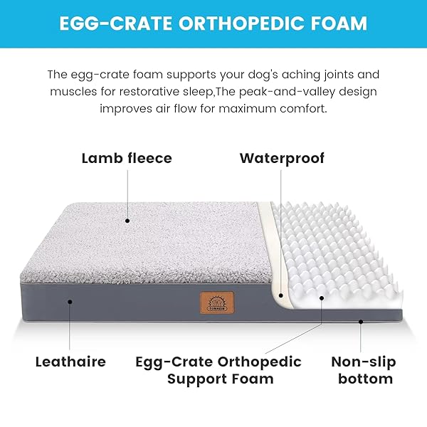 SUNHEIR ORTHOPEDIC DOG BED FOR LARGE DOGS AND EXTRA LARGE DOGS, XL WATERPROOF DOG BED WITH REMOVABLE WASHABLE COVER & ANTI-SLIP BOTTOM, CRATE BED, DELUXE PLUSH PET BED MAT, L-PLUS(36″X27″X3″), GREY