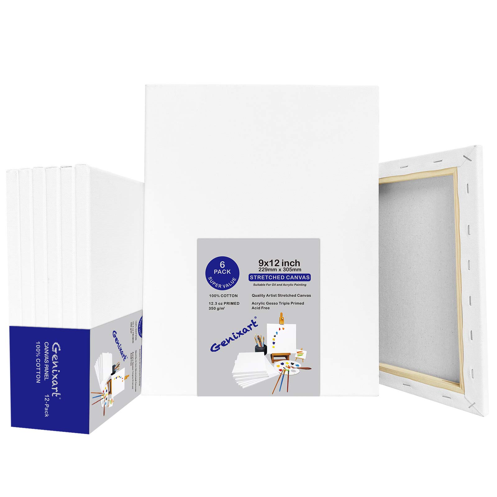 Genixart 24x30cm / 9"x12" Inch White Blank Stretched Canvas, Pack of 6, Primed Professional Artist Canvases for Acrylics & Oils Painting (a4)