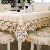 LeLehome Brown Flower Embroidered Lace Cream Beige Square Tablecloth, Vintage Classic Dining Table Cloth Wrinkle Free Table Cover 57 Inch x 57 Inch Party
