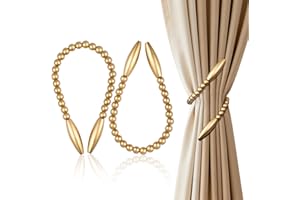 OCIOLI Wood Bead Curtain Tiebacks 2 Pack, No Drill Curtain Holdbacks for Boho Decor, Nursery & Bedroom - Creative Clips & Hooks for Drapes, Farmhouse Window Decor with Twist Design (2, Gold)