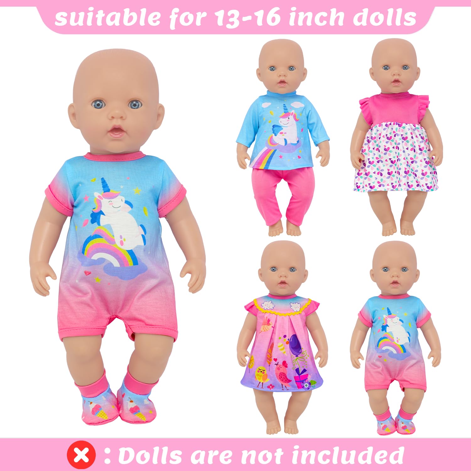 4 Set Baby Doll Clothes for 13-16 Inch Dolls, 6 Pcs 14 Inch Doll Clothes Accessories Dress Outfits Include Skirts, Top, Pants, Jumpsuit
