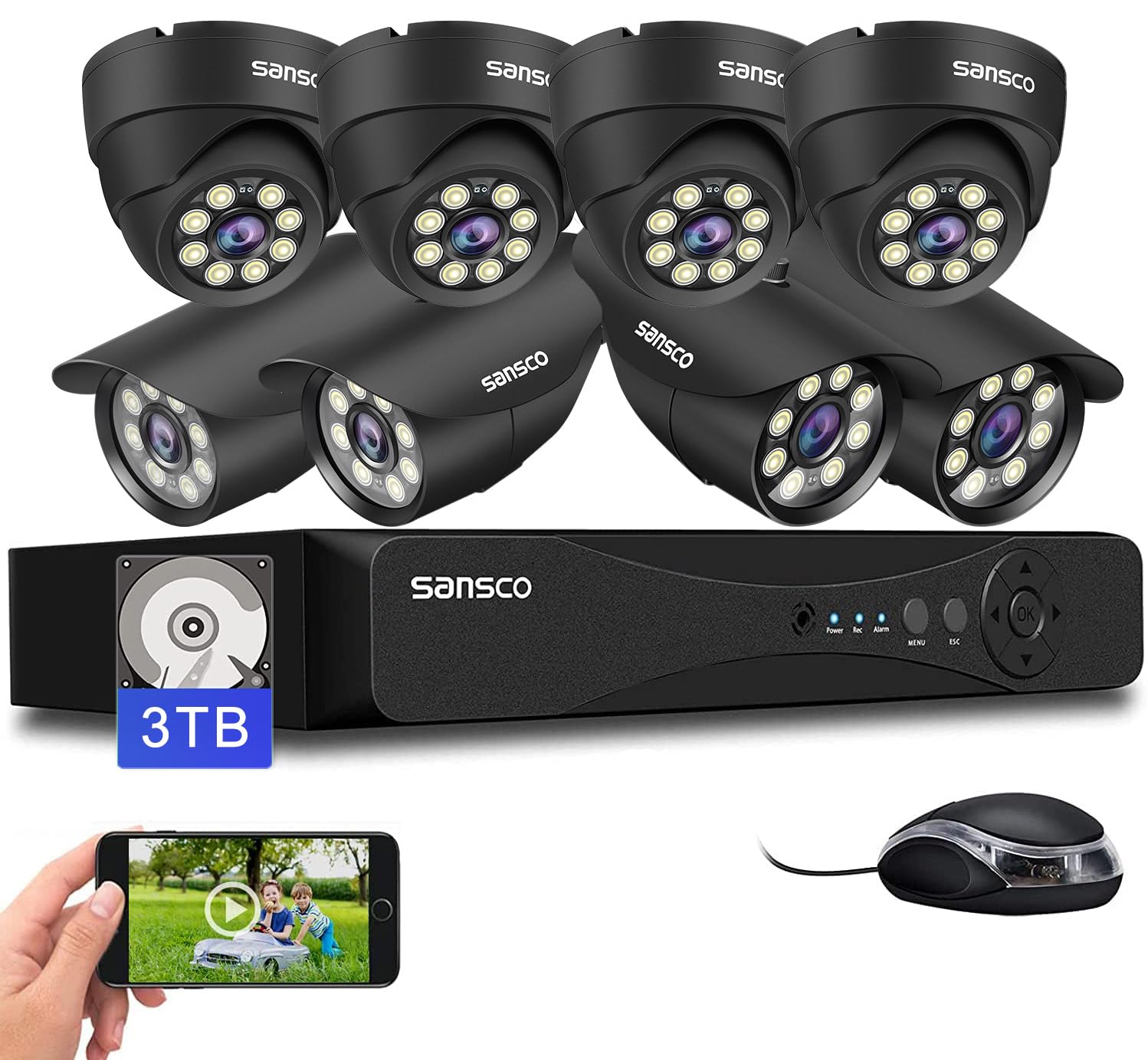 SANSCO 3K 8CH CCTV Security Camera System, 8 Channel DVR with 3TB Hard Drive 24/7 Recording, 8 x 5MP Bullet Dome Camera Outdoor, Color Night Vision, Human Face Vehicle Detection, APP/Email Alert, P2P