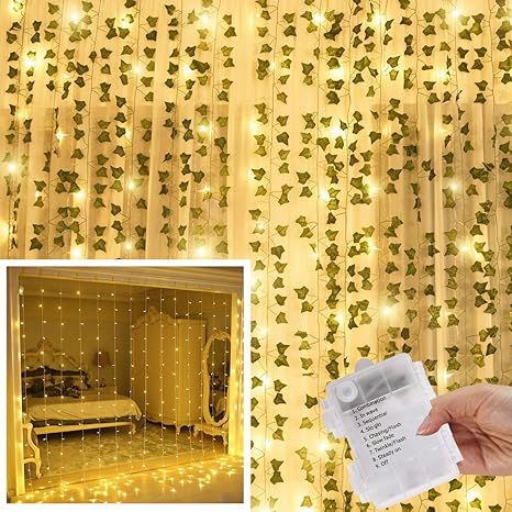 kaszoo juego de 12 plantas artificiales de hojas de hiedra con 240 luces led para cortina de ventana guirnalda para colgar en la pared fiesta