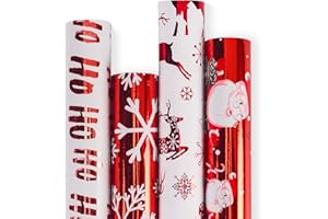 RUSPEPA Christmas Wrapping paper-Red and White Paper with a metallic foil shine-Christmas Elements Collection-4 Roll-30Inch X 10Feet Per Roll