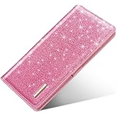 Simikol Ultra Slim Womens Wallet Minimalist Thin Long Leather Bifold Wallet RFID Blocking Card Holder Organizer with Zipper Coin Pocket Ladies Girls Gift Purse, Glitter Dark Pink