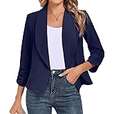 BSYUROS Women's Blazer 3/4 Sleeve Open Front Blazers Slim Fit Casual Work Lightweight Suit Jacket XL, Dark Blue