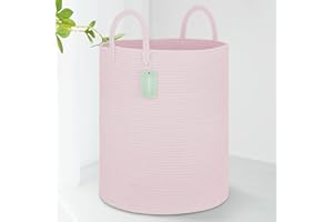 BOSROTY Large Cotton Rope Laundry Basket Hamper for Girls Kids 65L, Baby Nursery Hamper Bin, Tall Woven Storage Basket for Living Room Girls Room,16”x 20”, Light Pink