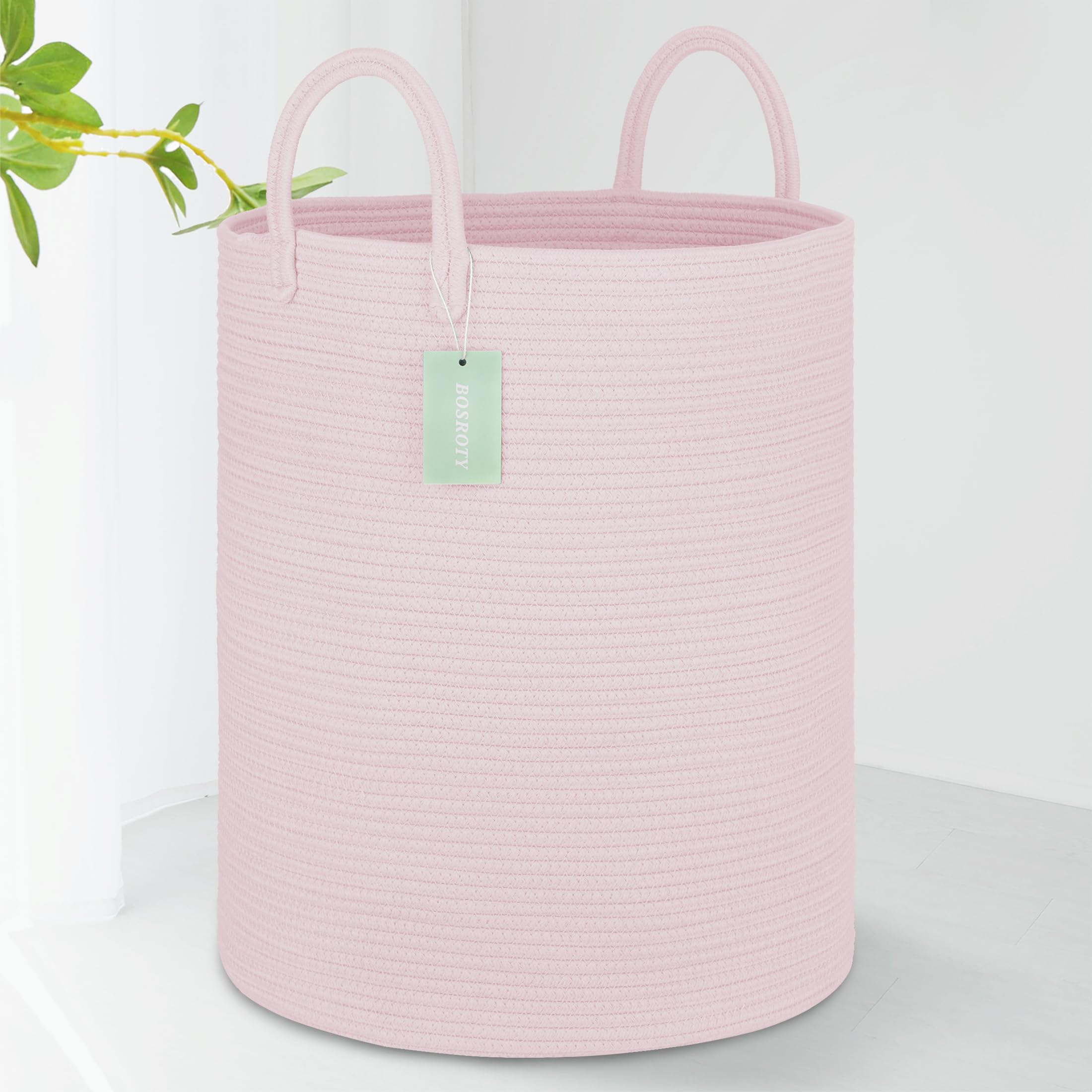 BOSROTY Large Blanket Basket, Tall Laundry Hamper 65L, Nursery Basket with Handles for Storage Toys Clothes Towels, Cotton Rope Woven Organiser, 40 x 50 CM, Light Pink
