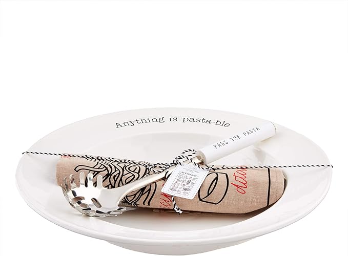 Mud Pie CIRCA PASTA BOWL WITH TOWEL, white, "bowl 3"" x 14"" dia utensil 12 1/2