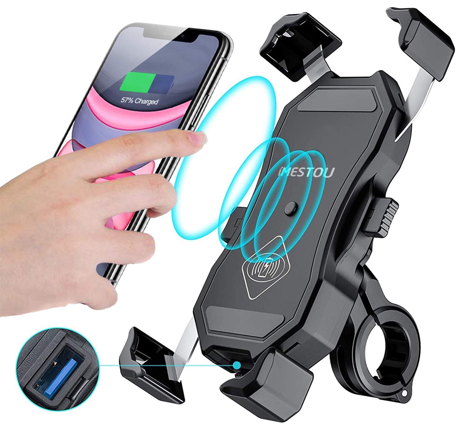 iMESTOU Motorcycle Wireless Qi & USB Quick Charge 3.0 Phone Holder Charger Motorbike Cellphone Mount for 22-32mm Handlebar/Rear-view Mirror Compatible with 3.5-6.8 inch Smartphones