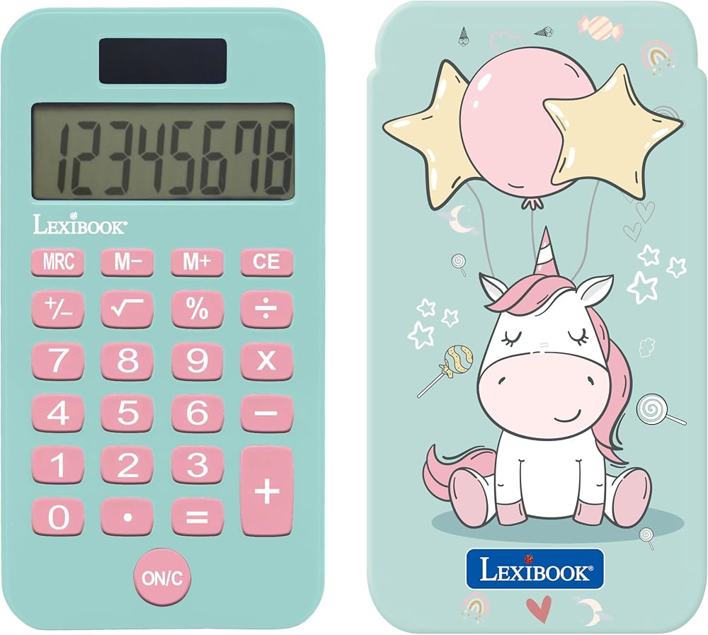 Lexibook Unicorn Pocket Calculator 8-Digit Solar Battery Blue Pink C45UNI