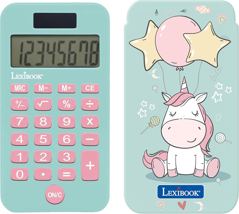 Lexibook Unicorn Pocket Calculator 8-Digit Solar Battery Blue Pink C45UNI