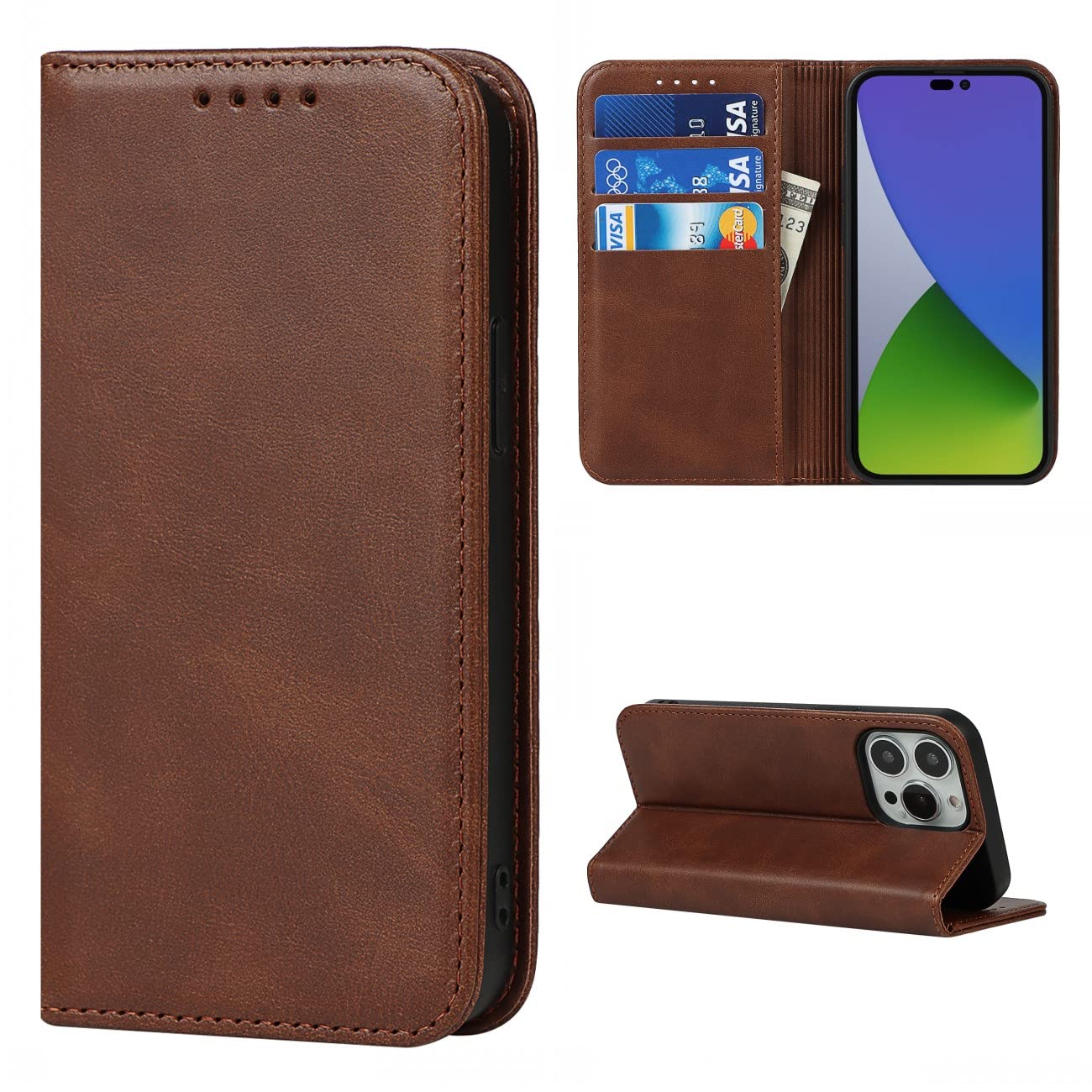 Cavor iPhone 14 Pro Max Case,Flip Leather Wallet Case,[3 Card Holders][Stand Holder][Magnetic closure],Leather Cover Phone Case for iPhone 14 Pro Max - Dark Brown