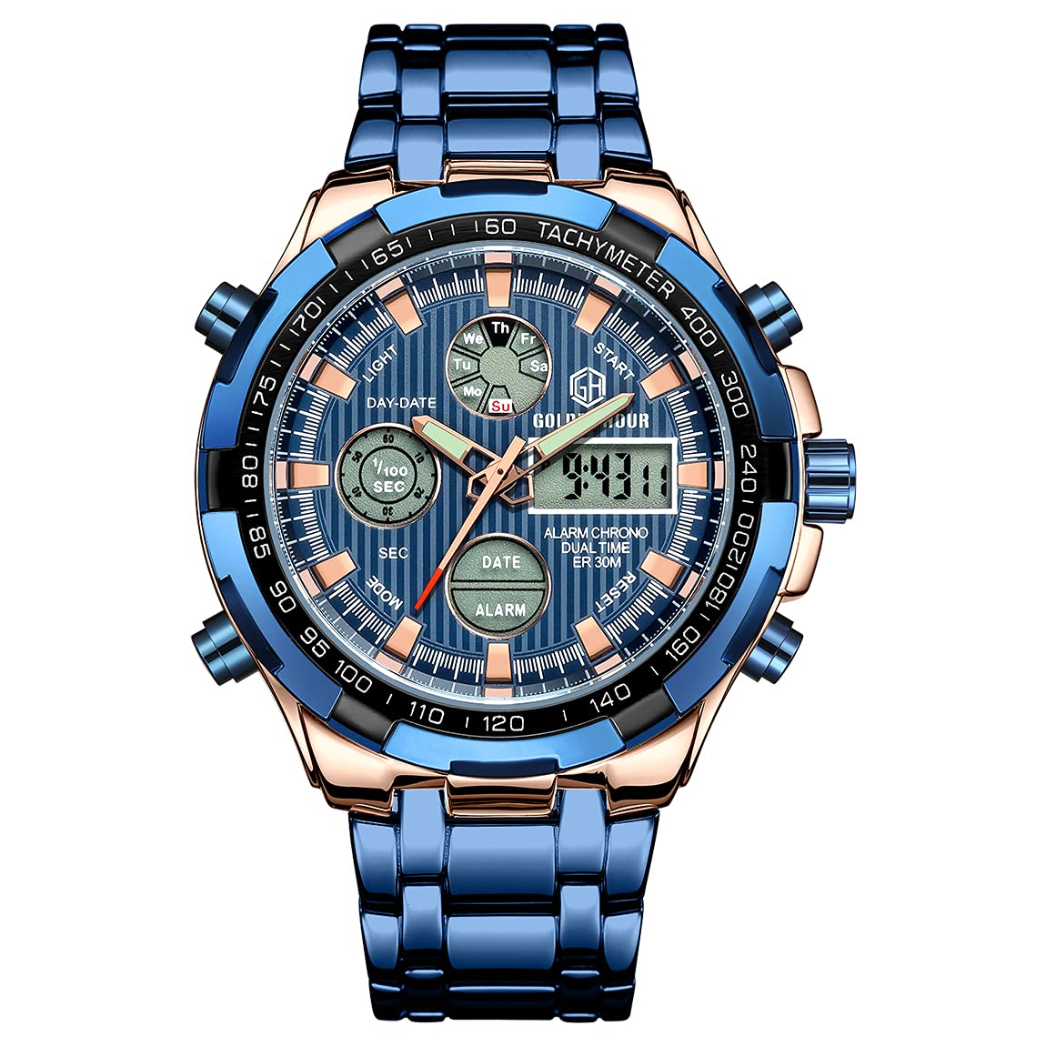 Affute Armbanduhr für Herren, Schwerer Chronograph aus Edelstahl, wasserdicht, mit Datums- und Alarmfunktion, Analog-/Digitalanzeige (Rose Gold Blue)