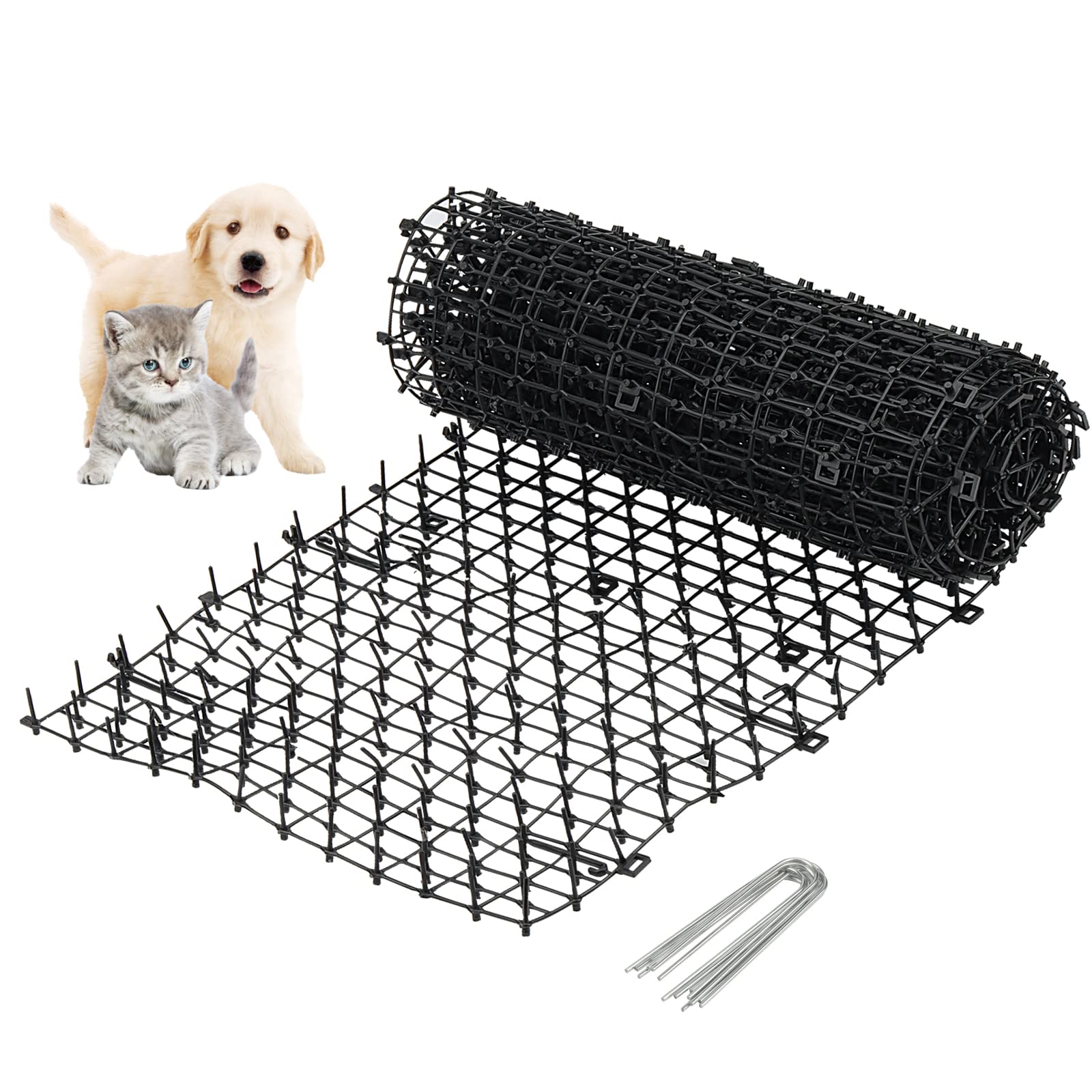 KEILEOHO 2M x 28cm Cat Scat Mat Roll, Cat Repellent Mat with U-shaped Nails, Flat Prickle Strip Dig Stopper, Spikes Strips Deterrent Mat for Garden, Fence, Flowerbed, Lawn