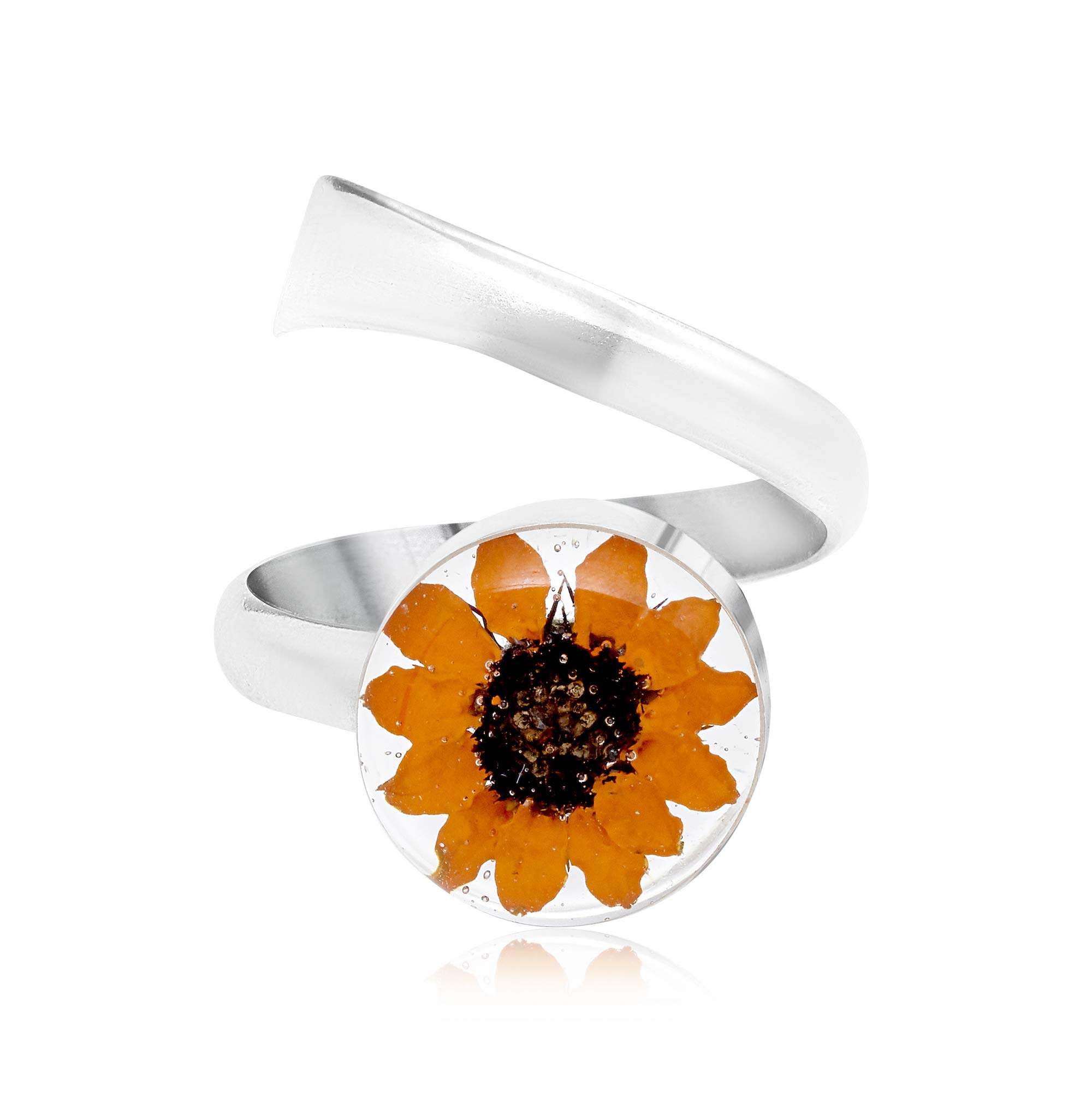 Shrieking Violet 925 Sterling Silver Round Real Flower Ring - Sunflower (Yellow)