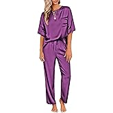Ekouaer Womens Satin Silky Pajama Set Short Sleeve Shirt with Long Pajama Pant Set Soft PJ Loungewear