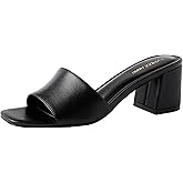 PIZZ ANNU Women's Square Open Toe Heels Sandals Low Block Chunky Heeled Sandal Slip on Mules Comfortable Casual Dress Pumps Shoes