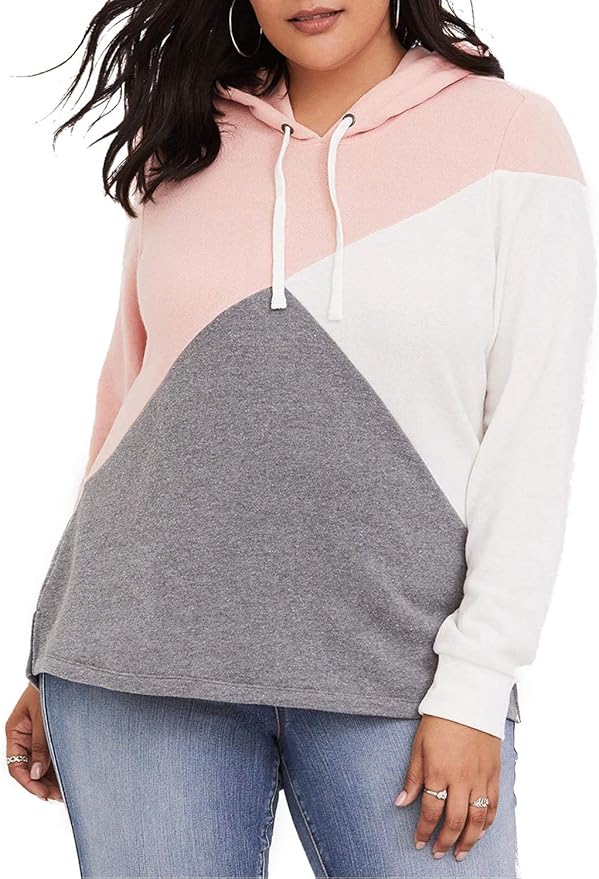 Lookbook Store Women's Pink White Plus Size Color Block Long Sleeve