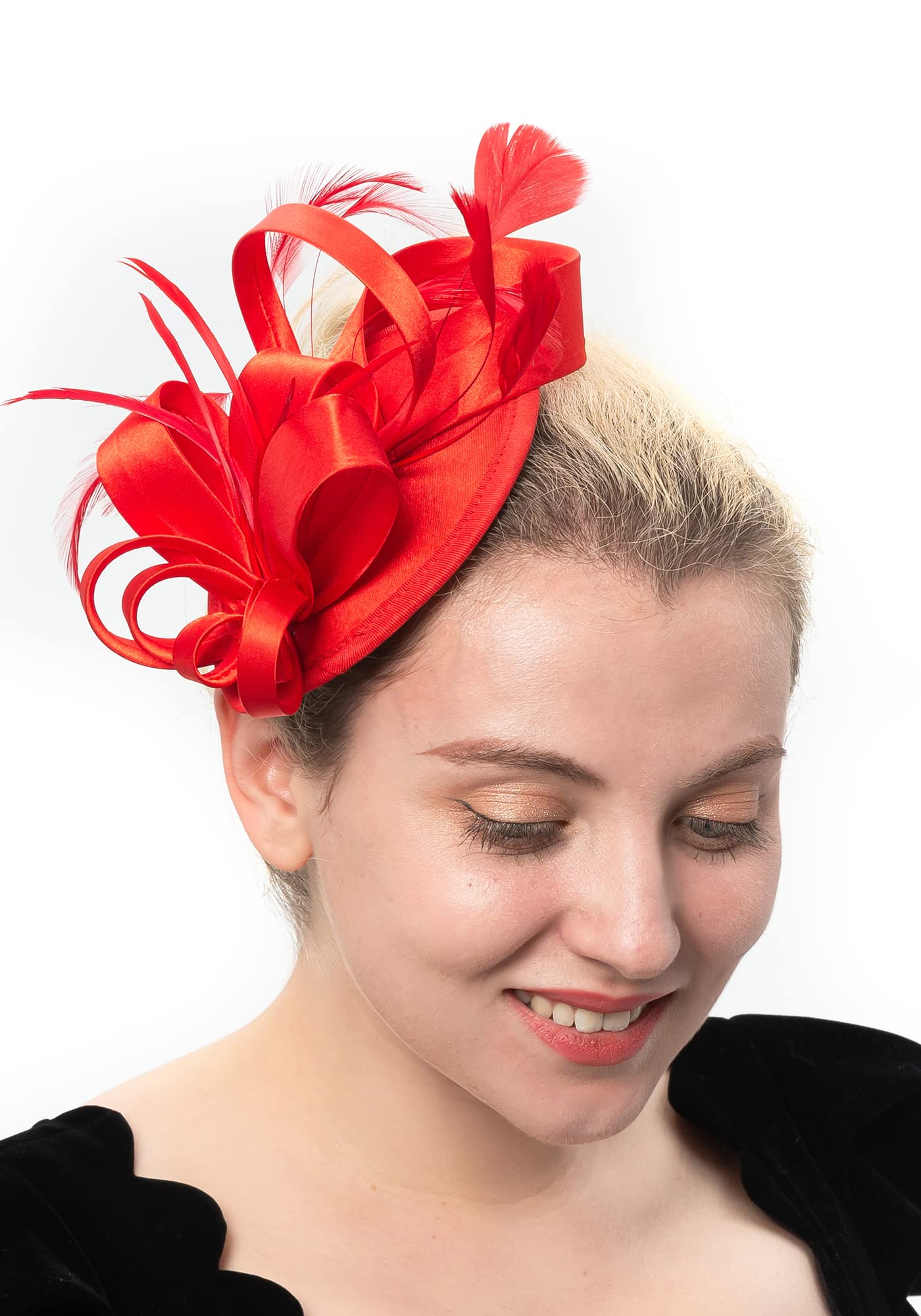 FELIZHOUSE Fascinator Hats Hat Tea Party Feather Hair Clip Bridal  Headpieces Ascot Headband for Women (Red)