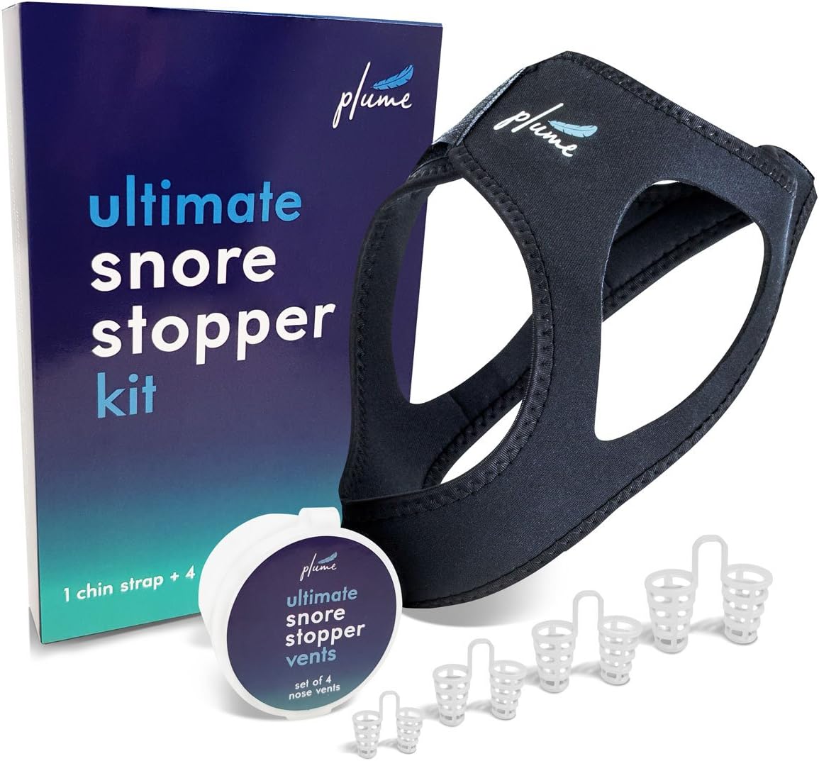 Snoring Solution - 2 in 1 Bundle - Anti Snoring Chin Strap + Set of 4 Snore Stopper Nose Vents - Safe & Reusable - Nasal Dilator - EBOOK Included (by Plume Health)