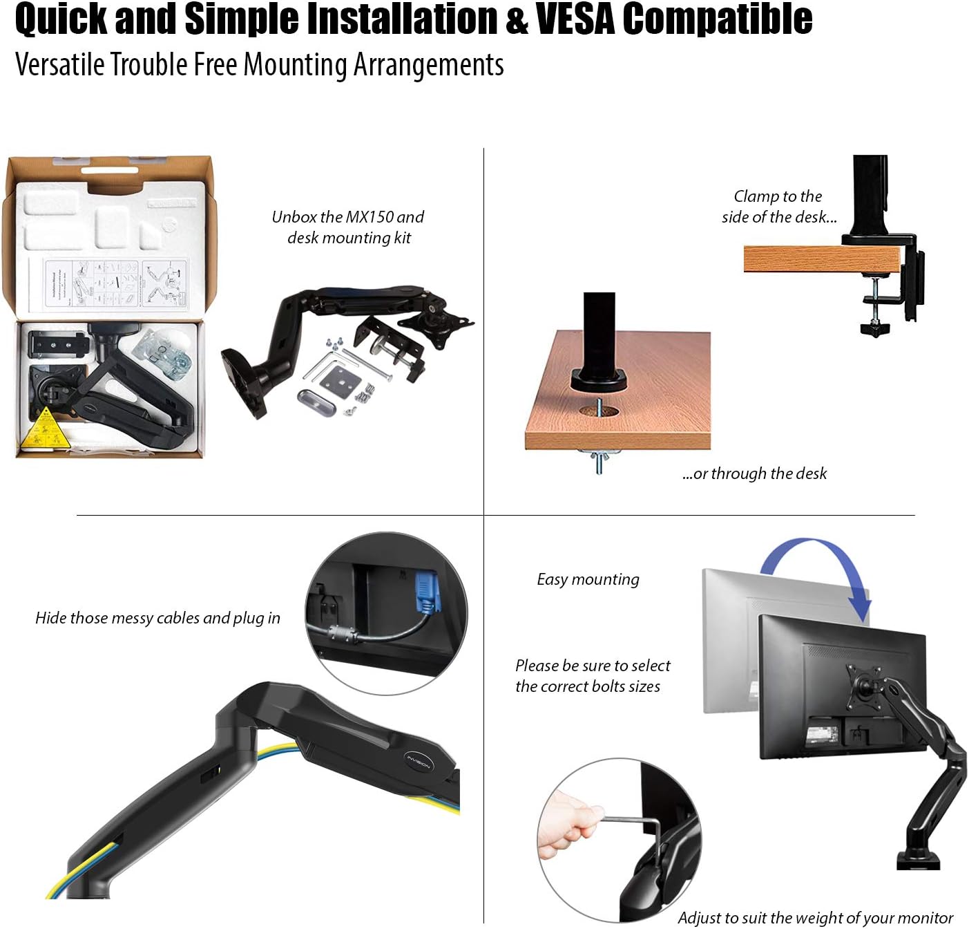 Invision Pc Ergonomic Gas Assisted Monitor Arm Full Motion Single Arm Desktop Mount For 17 27 Adjustable Swivel With Desk Clamp Vesa 75 X 75 100 X 100 Mm Weight 2 Kg To 6 5 Kg Mx150 Amazon De Elektronik