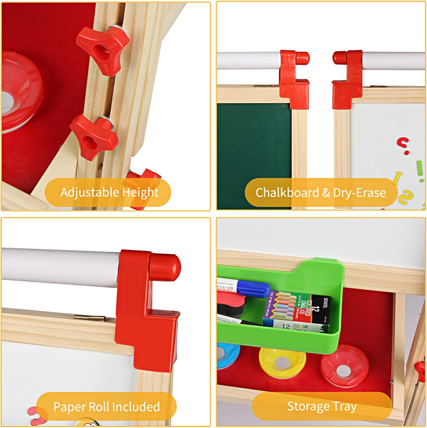 Joyooss Kids Wooden Easel with Extra Letters and Numbers Magnets, Adjustable Double Sided Drawing Board Whiteboard & Chalkboard Dry Easel Board, Children Art Easel for Boys Girls Painting Drawing: Toys & Games