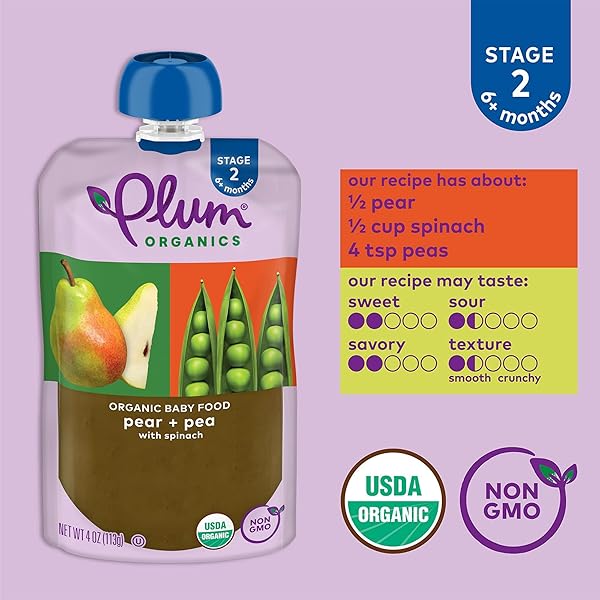 PLUM ORGANICS STAGE 2 ORGANIC BABY FOOD – PEAR + PEA WITH SPINACH – 4 OZ POUCH (PACK OF 6) – ORGANIC FRUIT AND VEGETABLE BABY FOOD POUCH