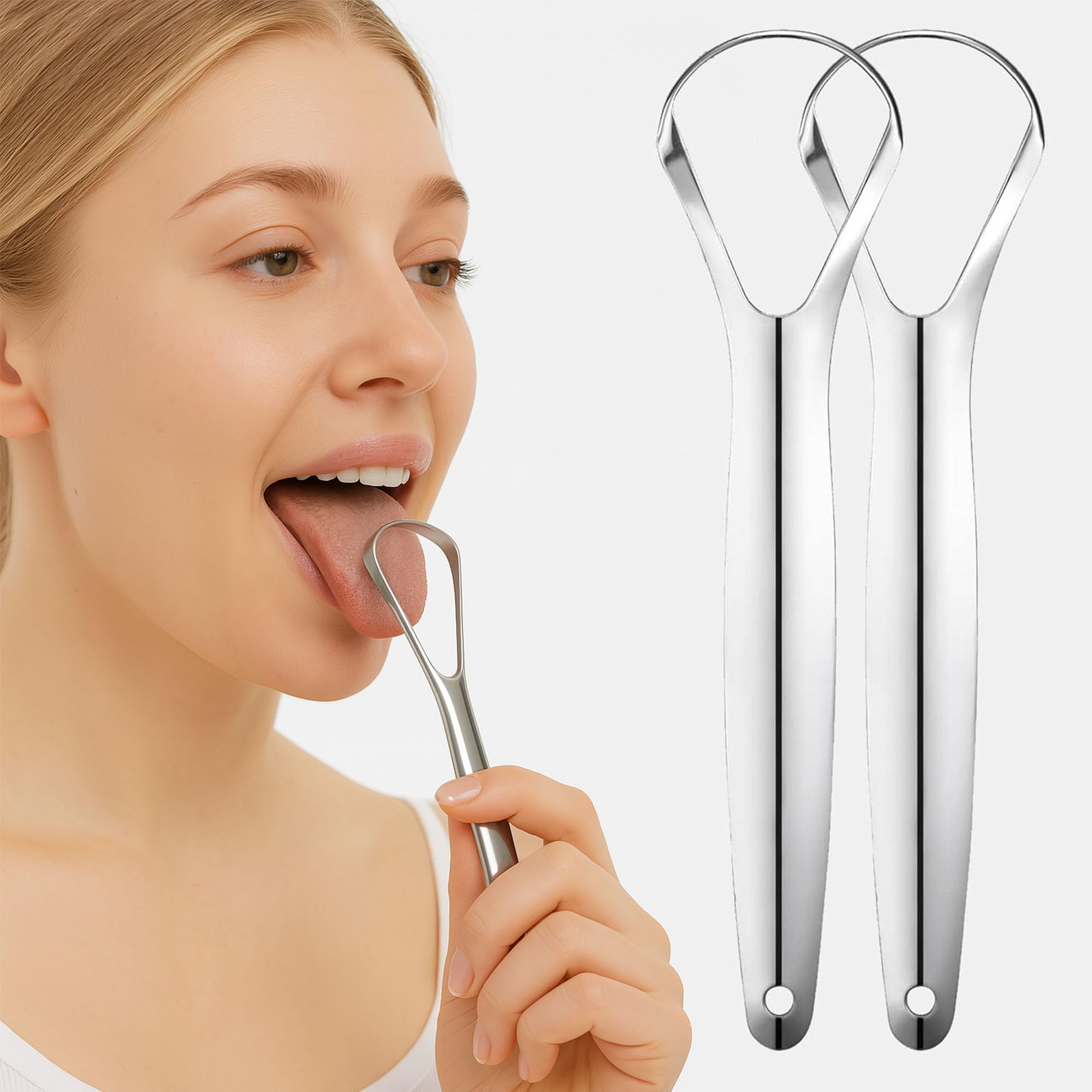 Photo 1 of 2-Pack Tongue Scraper, Stainless Steel Tongue Cleaner for Both Adults and Kids, Professional Reduce Bad Breath Metal Tongue Scrapers