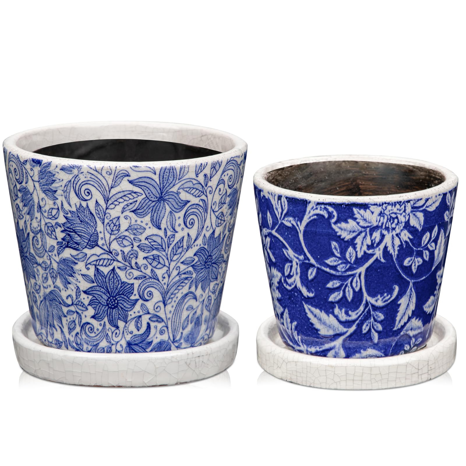 Oairse Set of 2 Blue and White Ceramic Planter 12CM 10CM Ceramic Plant Pots Indoor with Drainage Holes and Saucers Tray Decorative Flower Pots for Succulent Cactus House Plants
