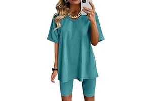 AGSEEM Two Piece Outfits For Women Summer V Neck T-Shirt Tops Biker Shorts Workout Sports Tracksuit