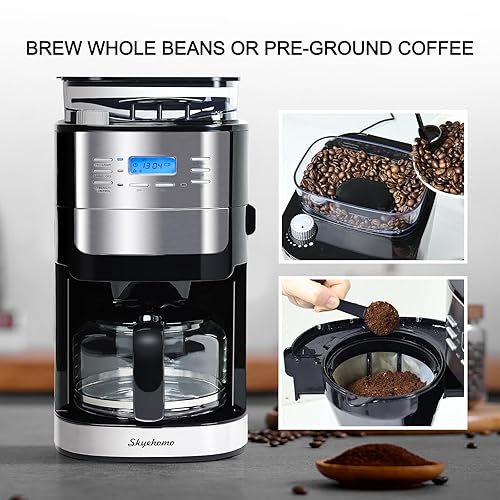 skyehomo 12 Cup Drip Coffee Maker with Built-In Burr Coffee