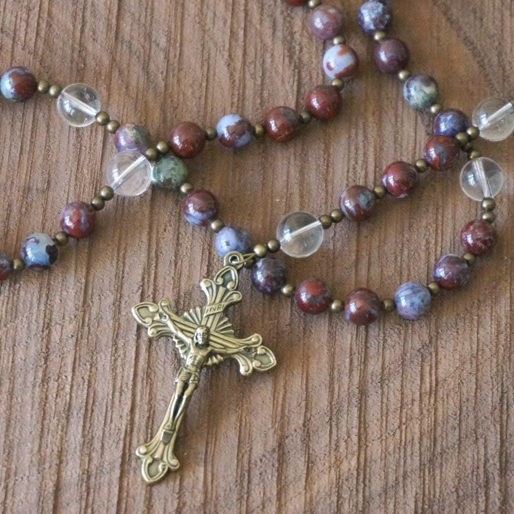 Catholic Gemstone Rosary, Dark Red Agate, Clear Quartz, Aged Brass, Handmade in the USA by Holy Rocks