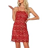 Allegra K Sequin Dress for Women's Flapper Dress Tassel Fringe Spaghetti Straps Cocktail Party Mini Sparkly Dresses