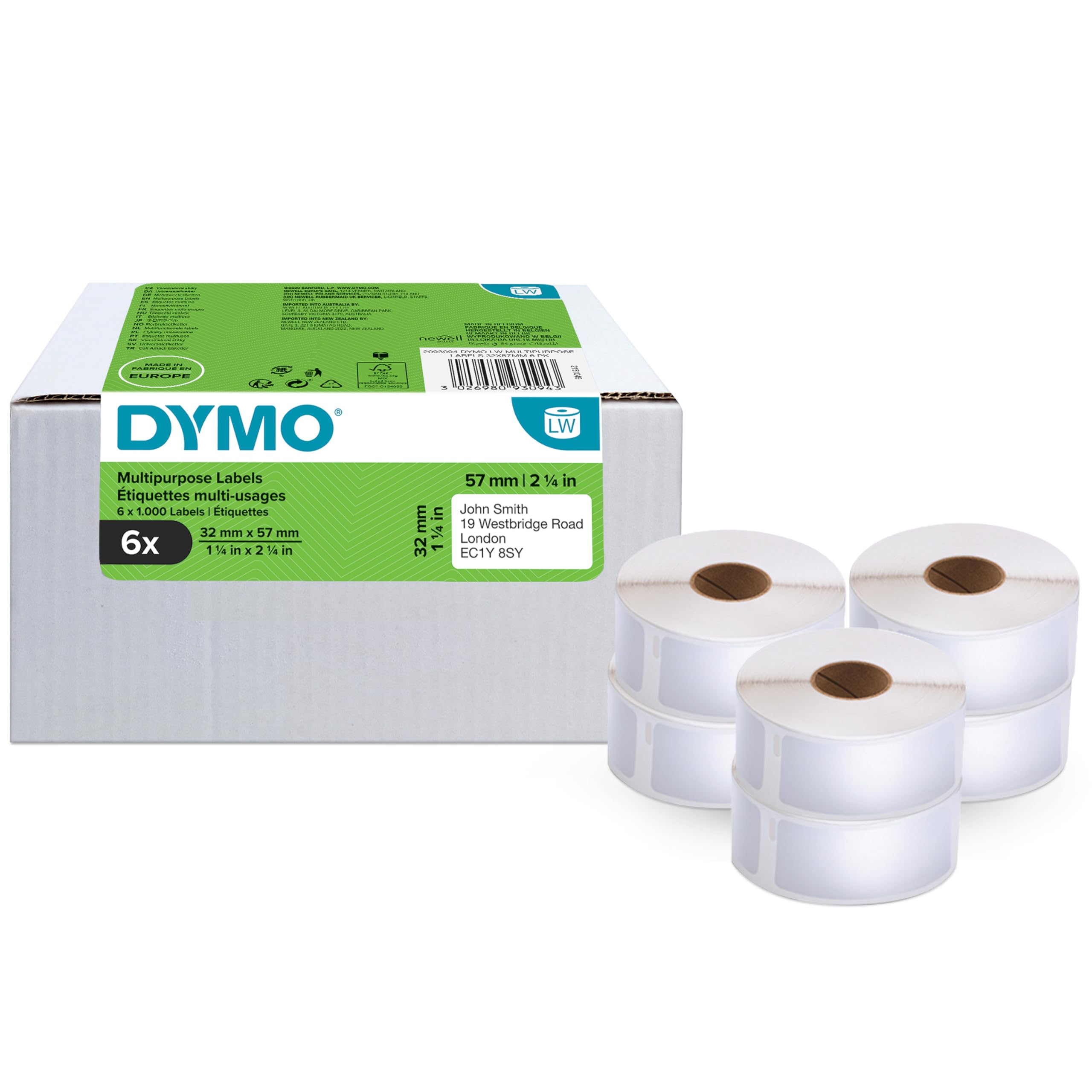 DYMO Authentic LabelWriter Multi-Purpose Labels32mm x 57mm6 Rolls of 1,000 Easy-Peel Labels (6,000 Count)Self-Adhesivefor LabelWriter Label Makers