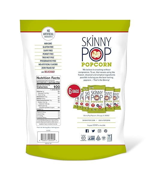 SKINNYPOP POPCORN, GLUTEN FREE, DAIRY FREE, NON-GMO, HEALTHY SNACKS, SKINNY POP ORIGINAL POPCORN SNACK PACKS, 0.65OZ INDIVIDUAL SIZE SNACK BAGS (6 COUNT)