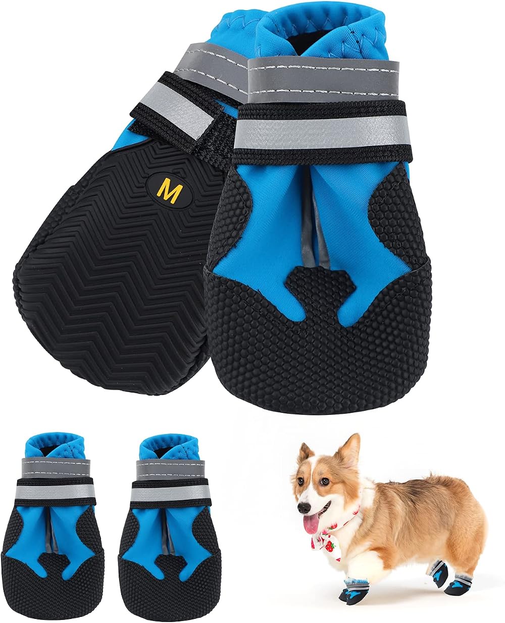 Jodsen Dog Boots Set of 4 Waterproof Shoes with Reflective Straps M Blue
