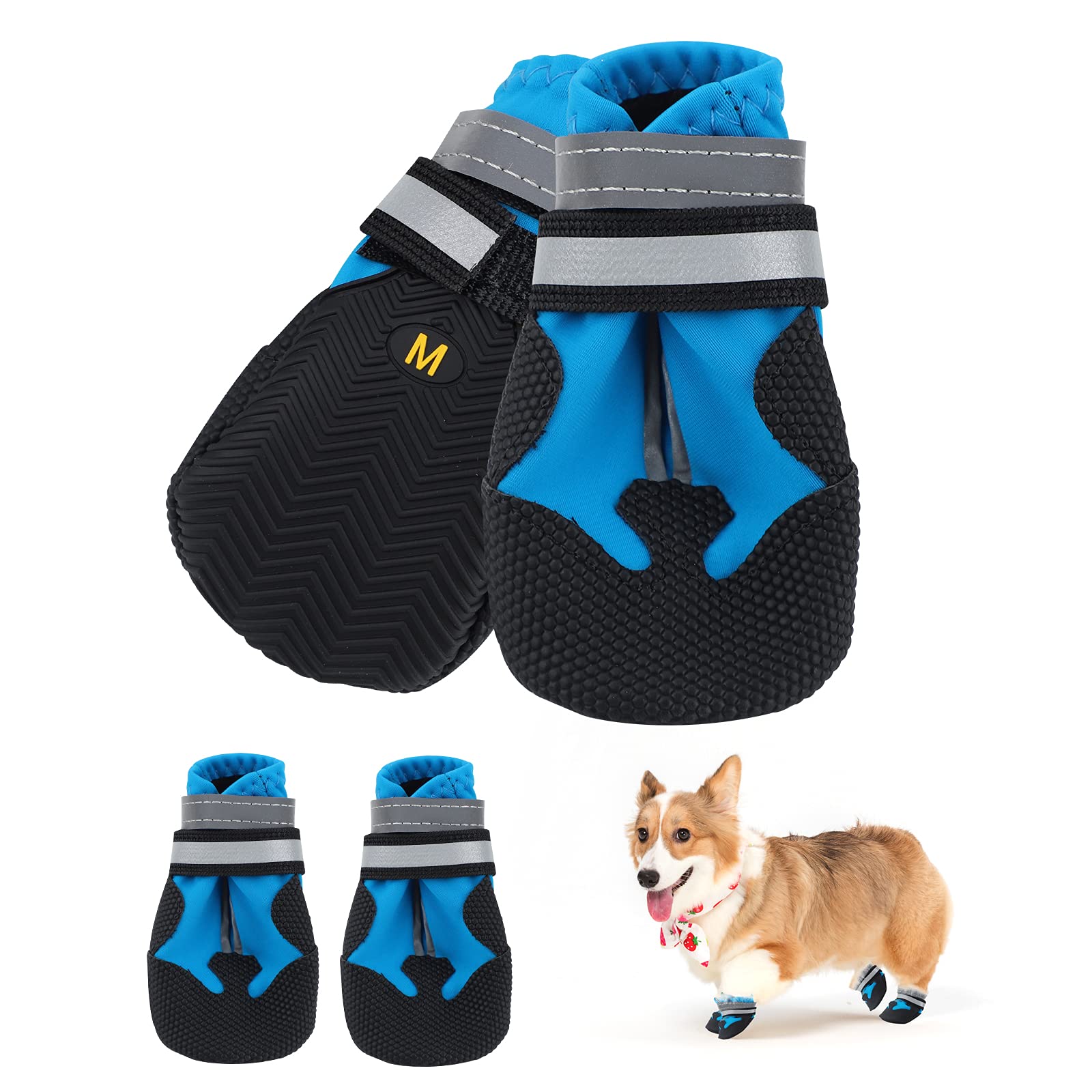 Dog Boots, Set of 4 Waterproof Dog Shoes with Reflective Straps Anti-Slip Sole Outdoor Paw Protectors Puppy Shoes for Small Medium Dogs Autumn Winter (Blue, M)