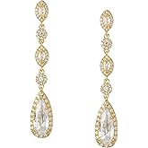 SWEETV Long Pear-Shaped Rose Gold Wedding Birdal Earrings for Brides, Bridesmaids, Crystal Chandelier Dangle Drop Earrings for Women Prom