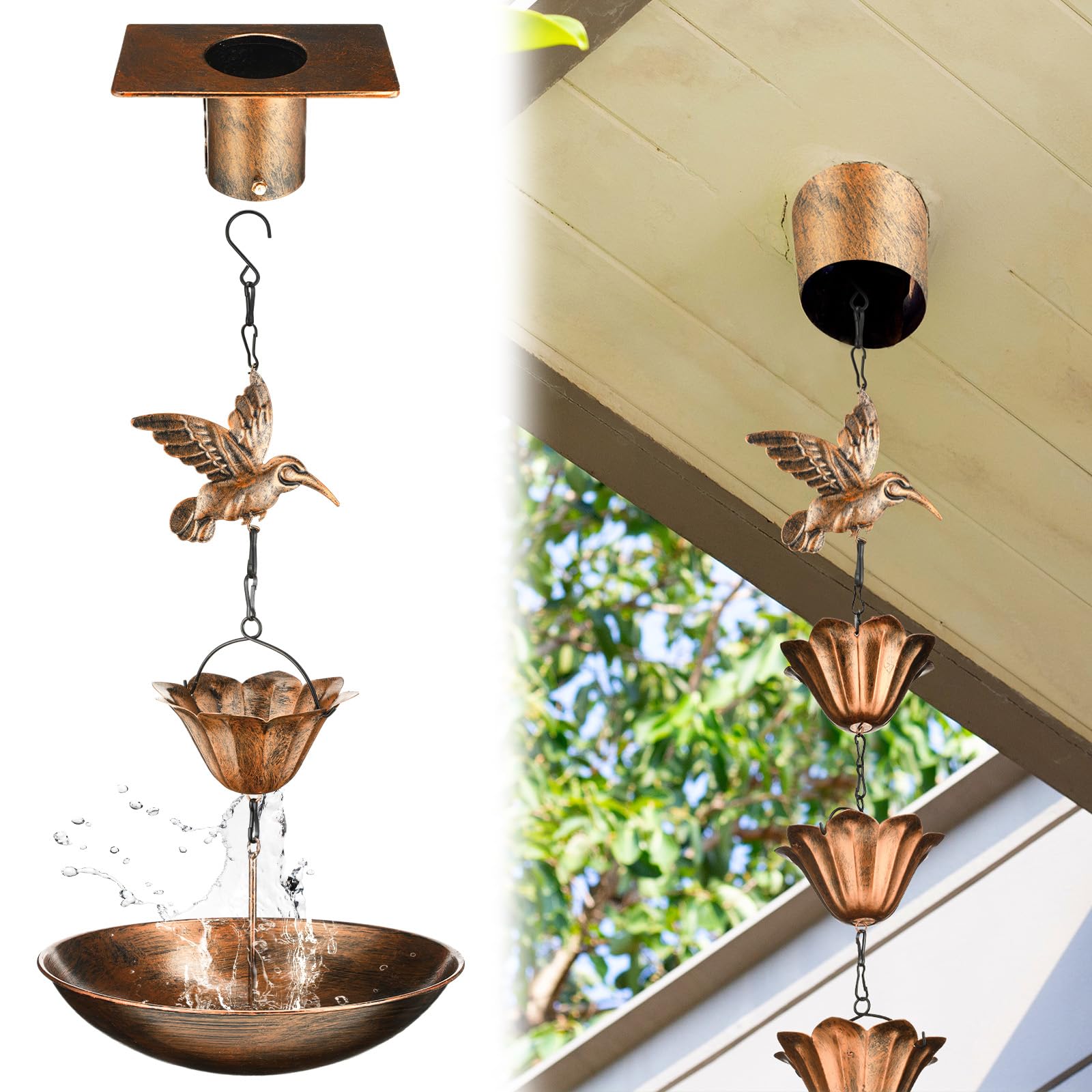 Photo 1 of MorningRo 8.5ft Rain Chain for Gutters Hummingbird Rain Chimes for Outside with Chain Basin and 12 Cups Adjustable Decorative Catcher Replacement Downspout for Gutters