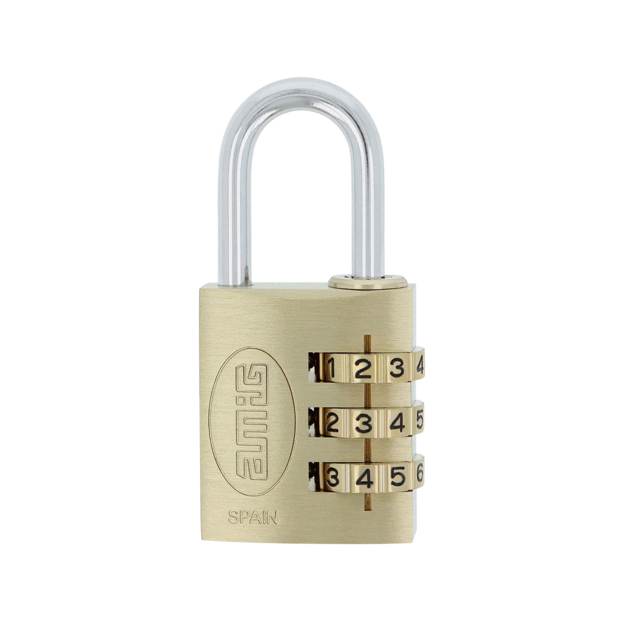 Amig - Combination Padlock Model 42 | Polished Brass & Anti-Rust Steel Bow | 3 Combination Rollers | Ideal for Lockers, Luggage, Tool Boxes | Matte Brass, 30 mm, Brass & Treated Steel Bow