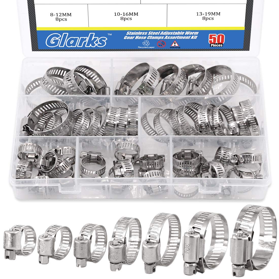Glarks 50 Piece 8-38mm Range Stainless Steel Adjustable Worm Gear Hose Clamps Assortment Kit For Water Pipe