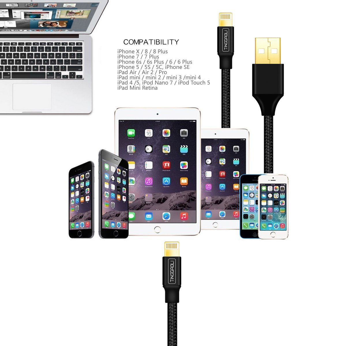 Lightning Cable 4PACK 6FT iPhone Cable Nylon Braided Lightning Connector to Data Syncing Cord and Fast Charging Cable Compatible with iPhone 7/7plus/6plus/6s/6s+/5/5s/SE, iPad (Black) by TINGGAOLI