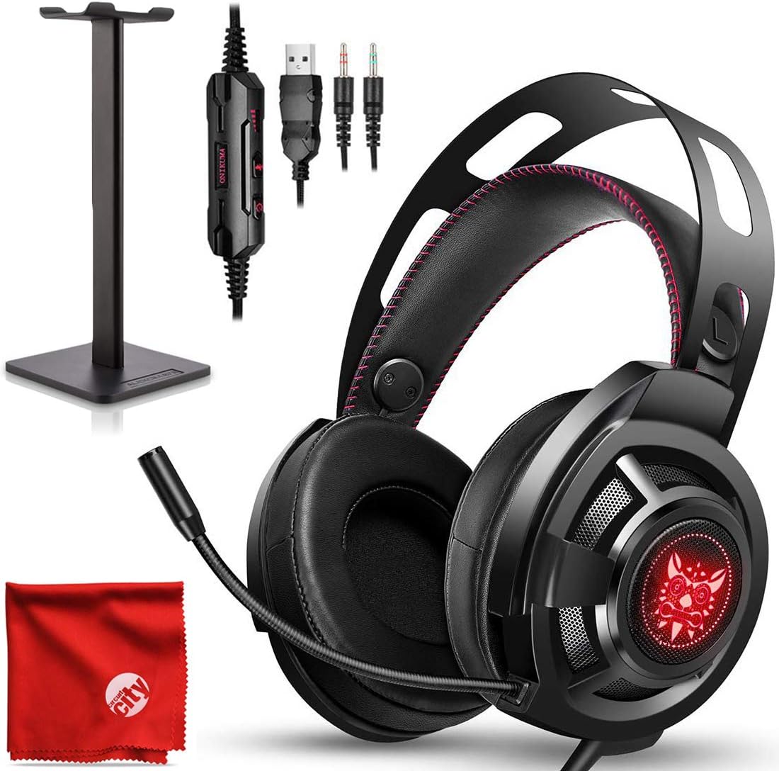 ONIKUMA M190 Pro RGB LED Light Over-Ear 7.1 Surround Sound Noise Cancelling Gaming Headset Microphone Bundle with Headphone Stand for PC, Xbox One, PS4, Nintendo Switch, Mac, Desktop, Laptop, Computer