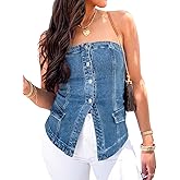 Cicy Bell Womens Strapless Denim Vest Summer Button Down Jean Tube Tops Y2k Going Out Fitted Bandeau Shirts Waistcoat